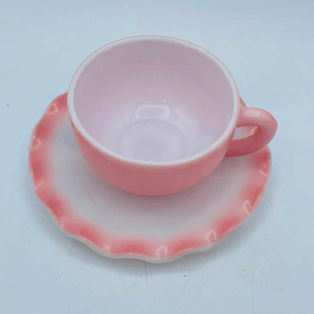 Vintage Hazel Atlas Ruffled Saucer Pink Ripple Crinoline Cup 1950s Milk Glass